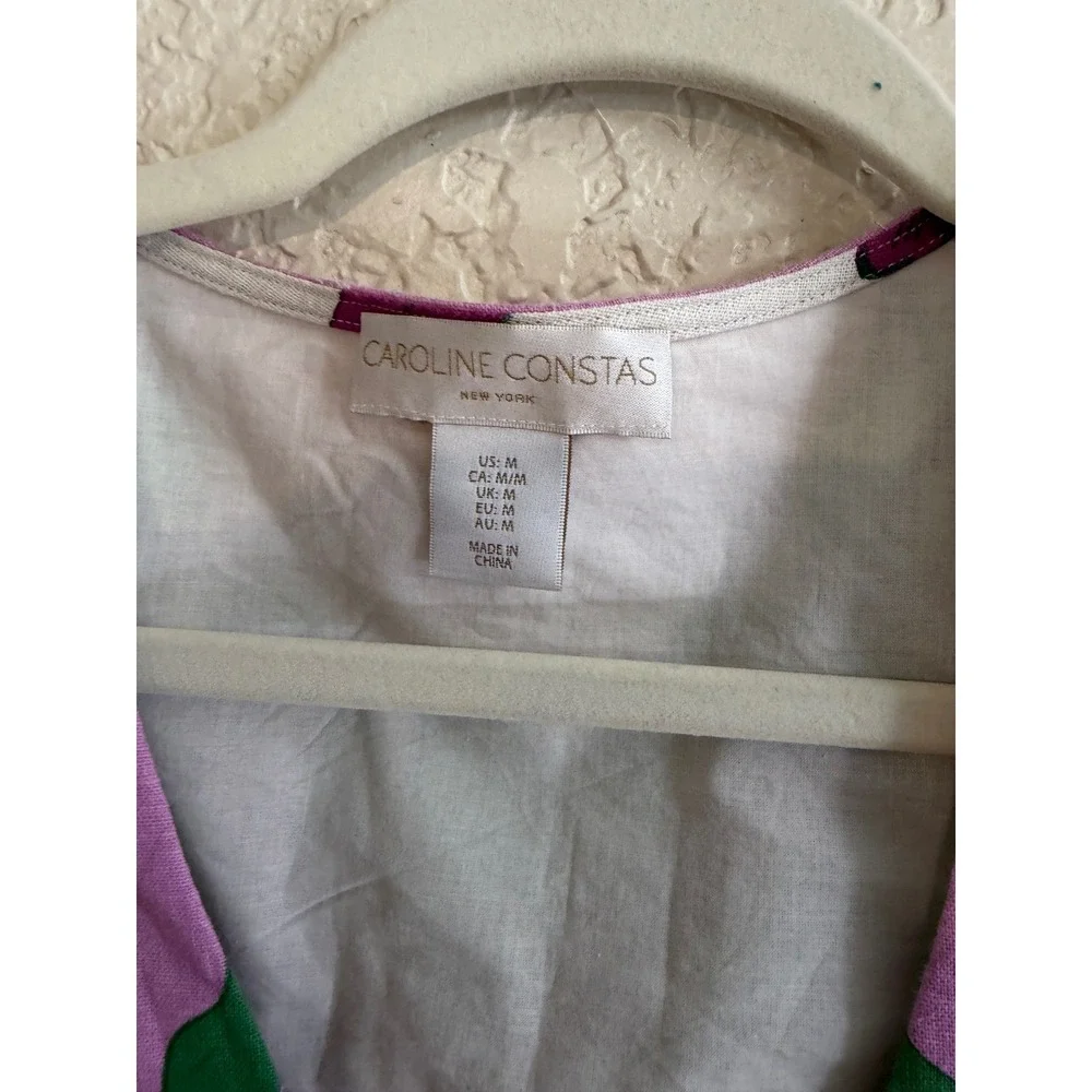 Caroline Constas Tropical Crop Top M Purple Green Floral Linen Blend Deep V-Neck